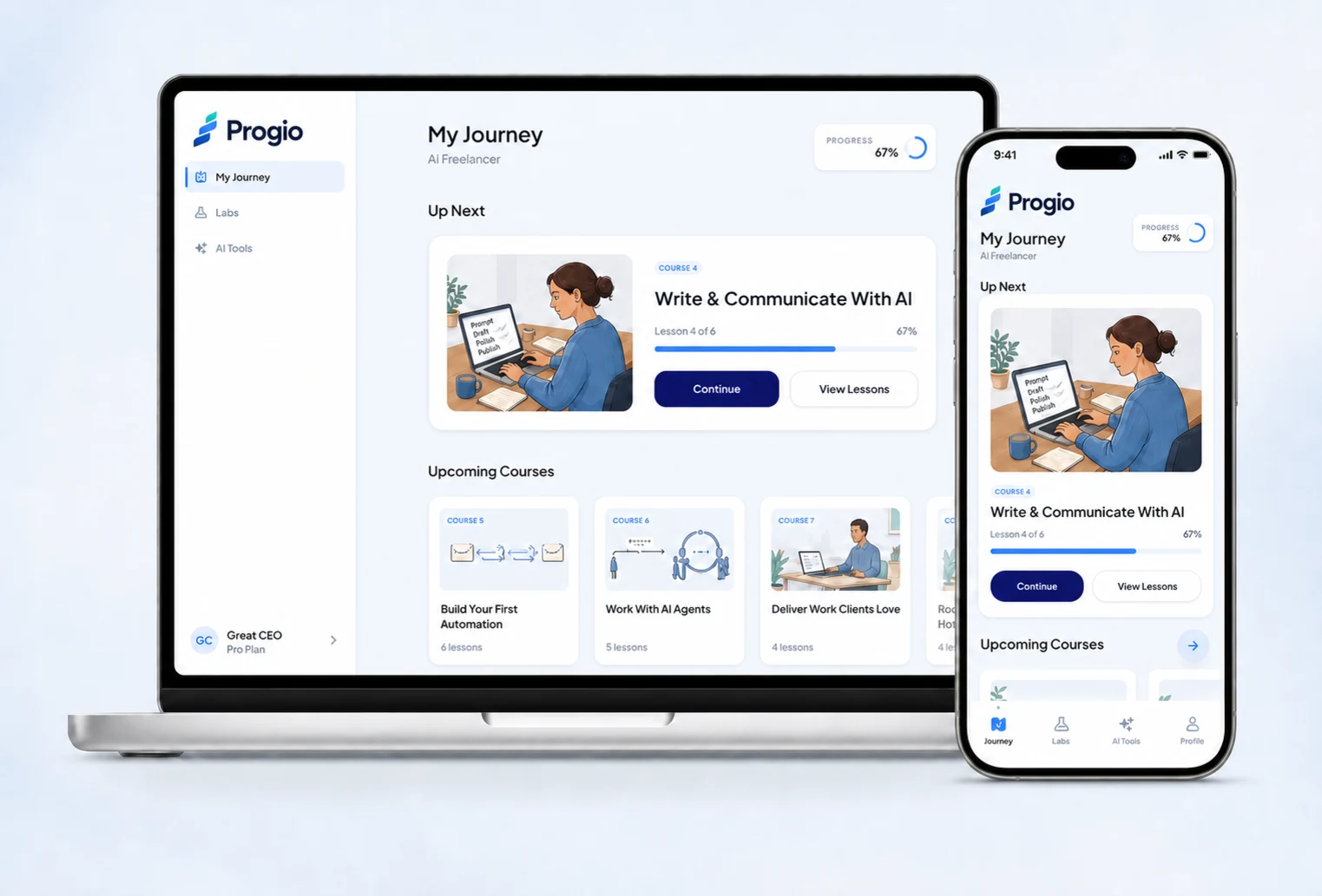 Progio learning journey shown on desktop and mobile